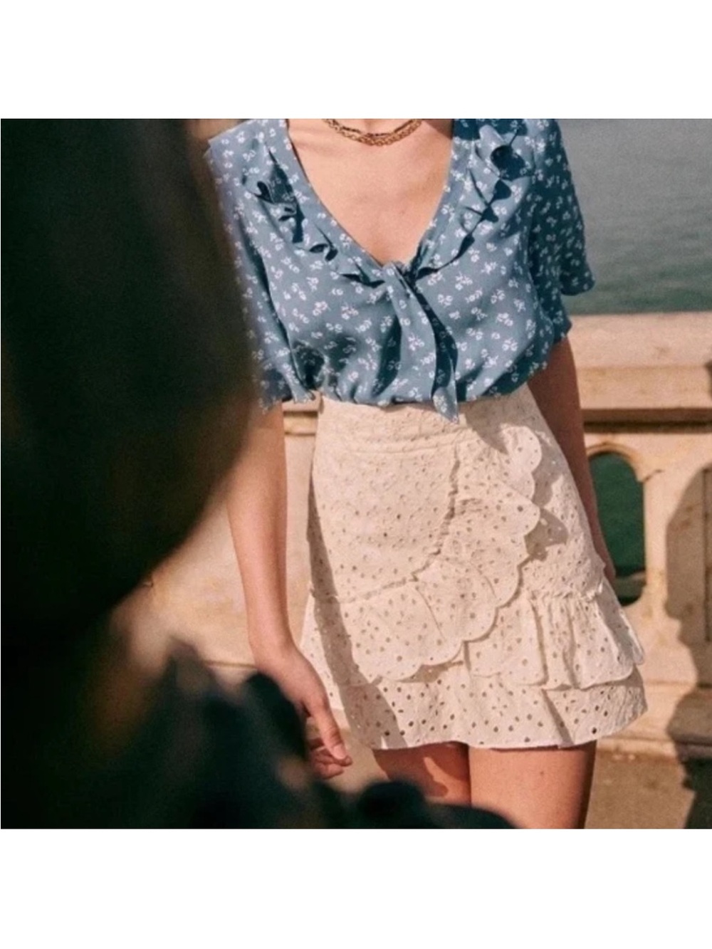 Sezane Cream Eyelet Tiered Mini Skirt